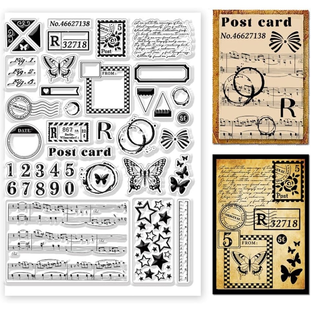 Clear Silicone Stamps For Card Making - แสตมป์ที่ชัดเจนหลากหลายรูปแบบแสตมป์ซิลิโคนข้อความวินเทจหมายเลขผีเสื้อโปสการ์ดดาวเพลงสำหรับการทำบัตร