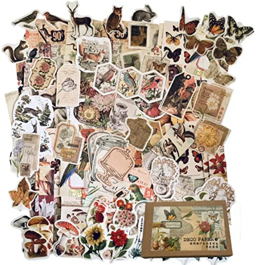 Vintage Junk Journal Scrapbooking Paper - สติกเกอร์วินเทจสำหรับตกแต่งสมุดบันทึก - ชุดอุปกรณ์ตกแต่งสมุดบันทึก 200 ชิ้น ลายธรรมชาติ