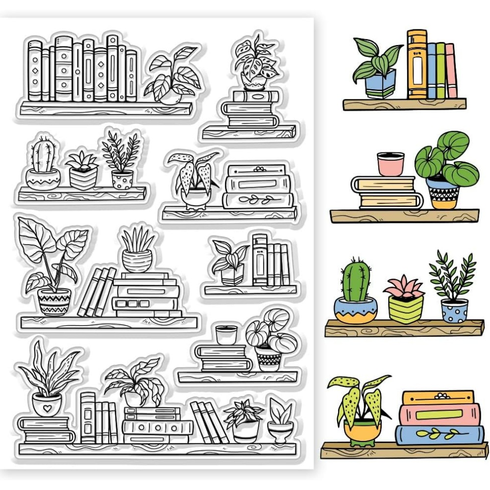 Clear Silicone Stamps For Card Making - Potted Bookshelf ล้างแสตมป์หนังสือและพืชลายนูนแสตมป์ซิลิโคนล้างแสตมป์ Seal สําหรับ DIY
