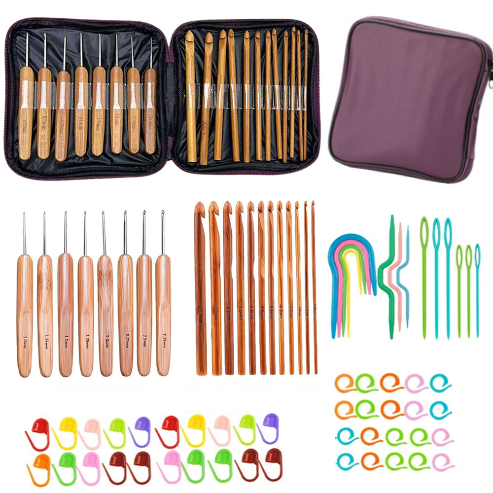Sewing - ชุดเข็มโครเชต์ไม้ไผ่ 74 ชิ้น พร้อมอุปกรณ์ถักไหมพรม เย็บปักถักร้อย พร้อมกระเป๋าเก็บแบบพกพา
