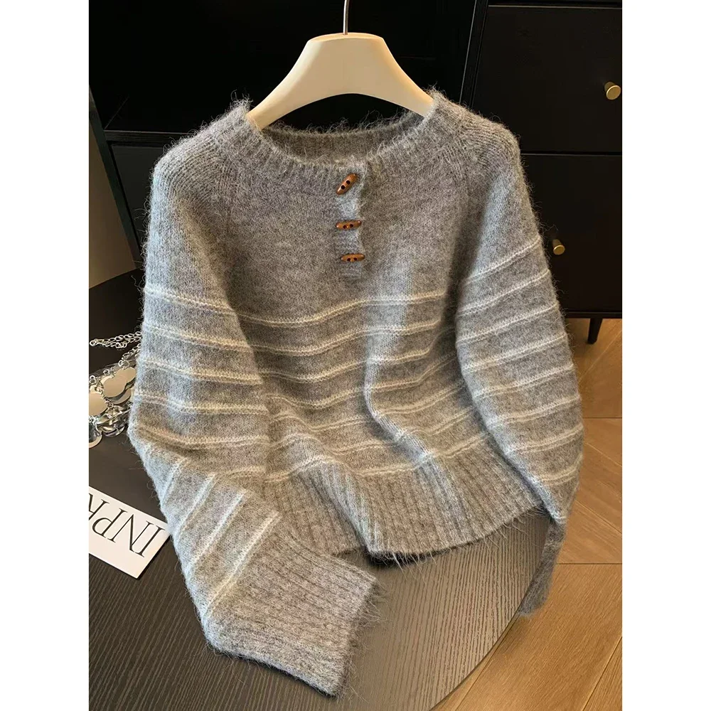 Embroidery - เสื้อสเวตเตอร์ไหมพรมแคชเมียร์ลายทางสำหรับผู้หญิง ฤดูใบไม้ร่วง ฤดูหนาว ทรงหลวม อุ่นสบาย เสื้อถักแบบสวม
