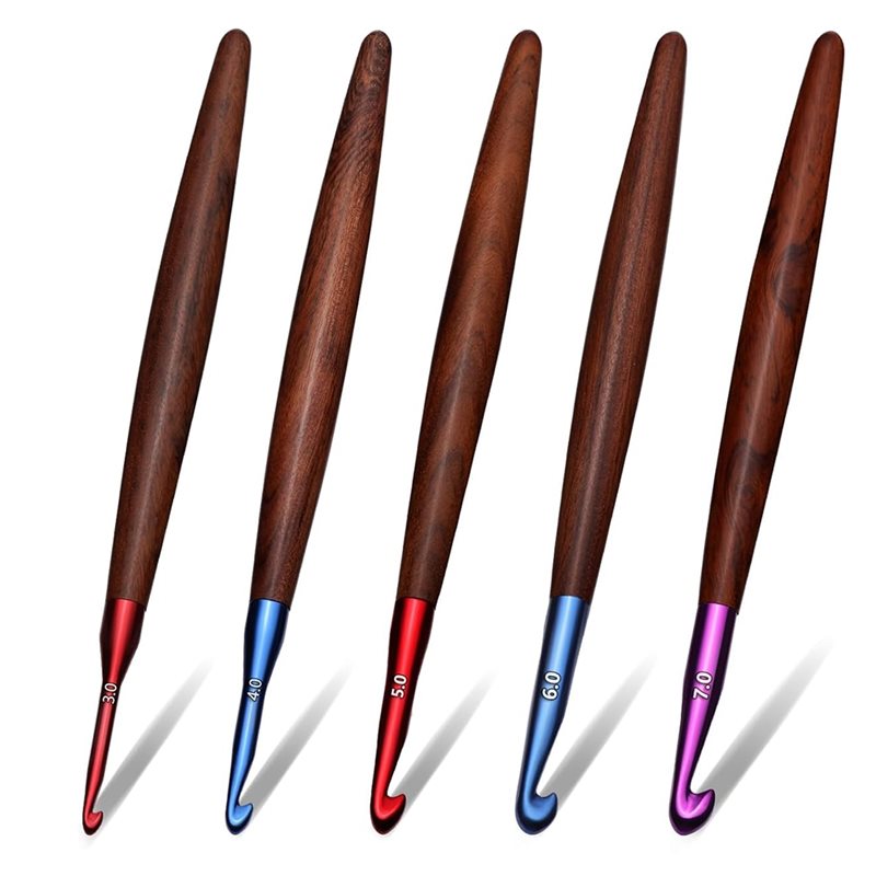 Wooden Crochet Hooks Ergonomic Handle - A59Z-ด้ามจับไม้ตามหลักสรีรศาสตร์ สำหรับผู้ที่มีอาการปวดข้อมือจากโรคข้ออักเสบ-ชุด 5 ชิ้น-ขนาด 3.0 มม.
