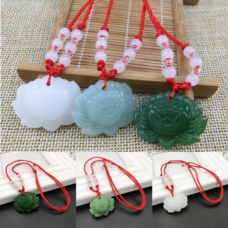 Beading - สร้อยคอจี้ลูกปัดหยกเขียวธรรมชาติรูปดอกบัว เครื่องประดับแฟชั่น แกะสลักด้วยมือ เครื่องรางนำโชคสำหรับผู้หญิง ของขวัญ