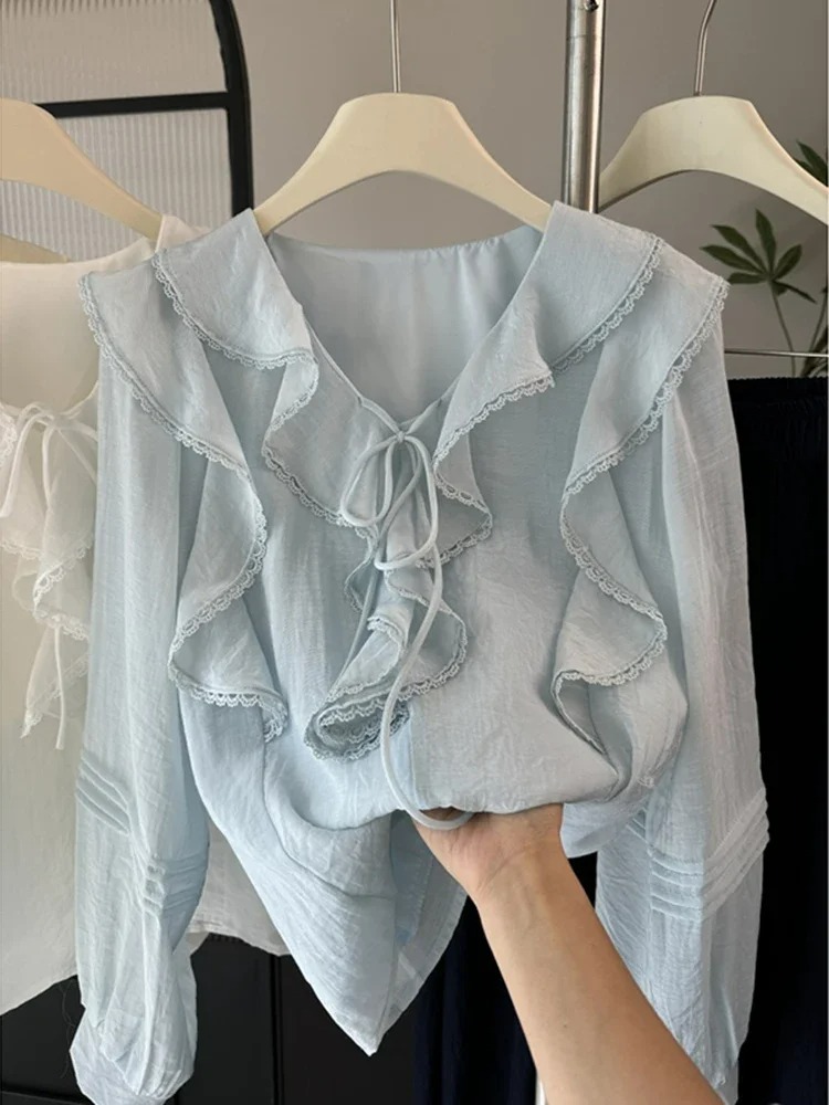 Embroidery - เสื้อเบลาส์แขนยาวคอวีสไตล์ฝรั่งเศสสำหรับผู้หญิง ฤดูใบไม้ผลิ ฤดูร้อน แต่งระบาย ดีไซน์ใหม่