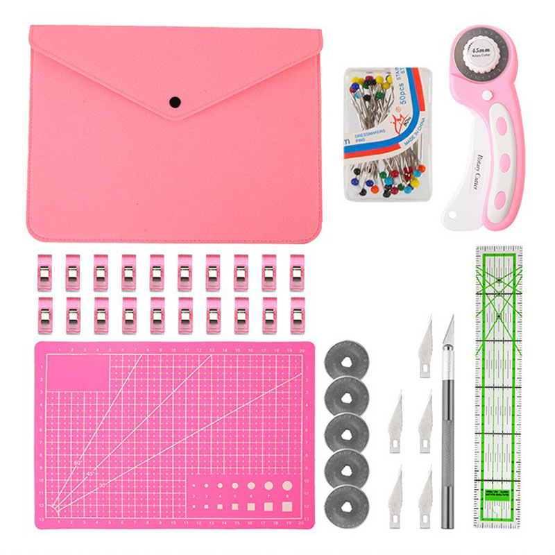 Rotary Cutter For Fabric 45Mm - โรตารี่ชุดตัดสีชมพู-ชุดเย็บผ้ารวมใบมีดเปลี่ยนตัดผ้า45มม. และ A3ตัดเสื่อไม้บรรทัดอะคริลิคคลิปงานฝีมือ