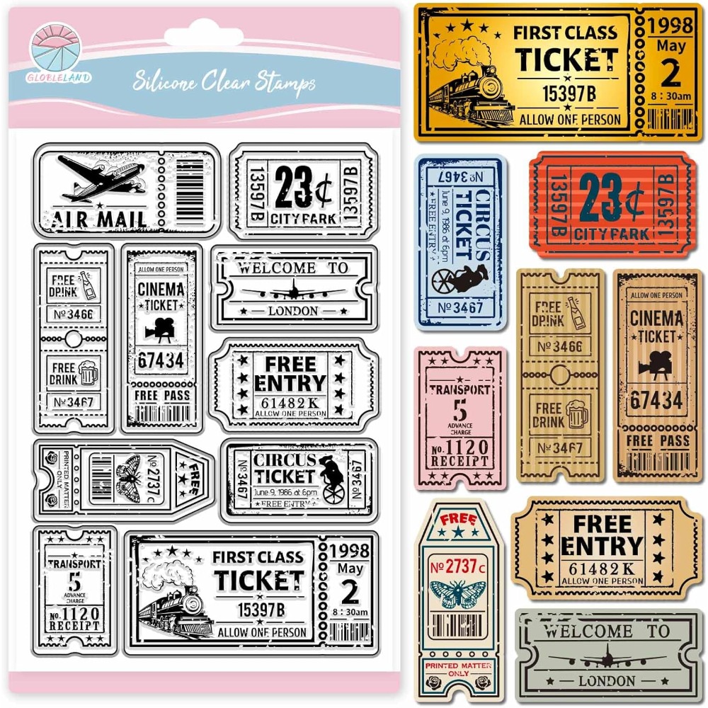 Clear Silicone Stamps For Card Making - Vintage Ticket แสตมป์ที่ชัดเจนสําหรับ Scrapbooking รถไฟตั๋วเครื่องบินซิลิโคนแสตมป์แท็กกรอบแสตมป์โปร่งใสสําหรับทําบัตร