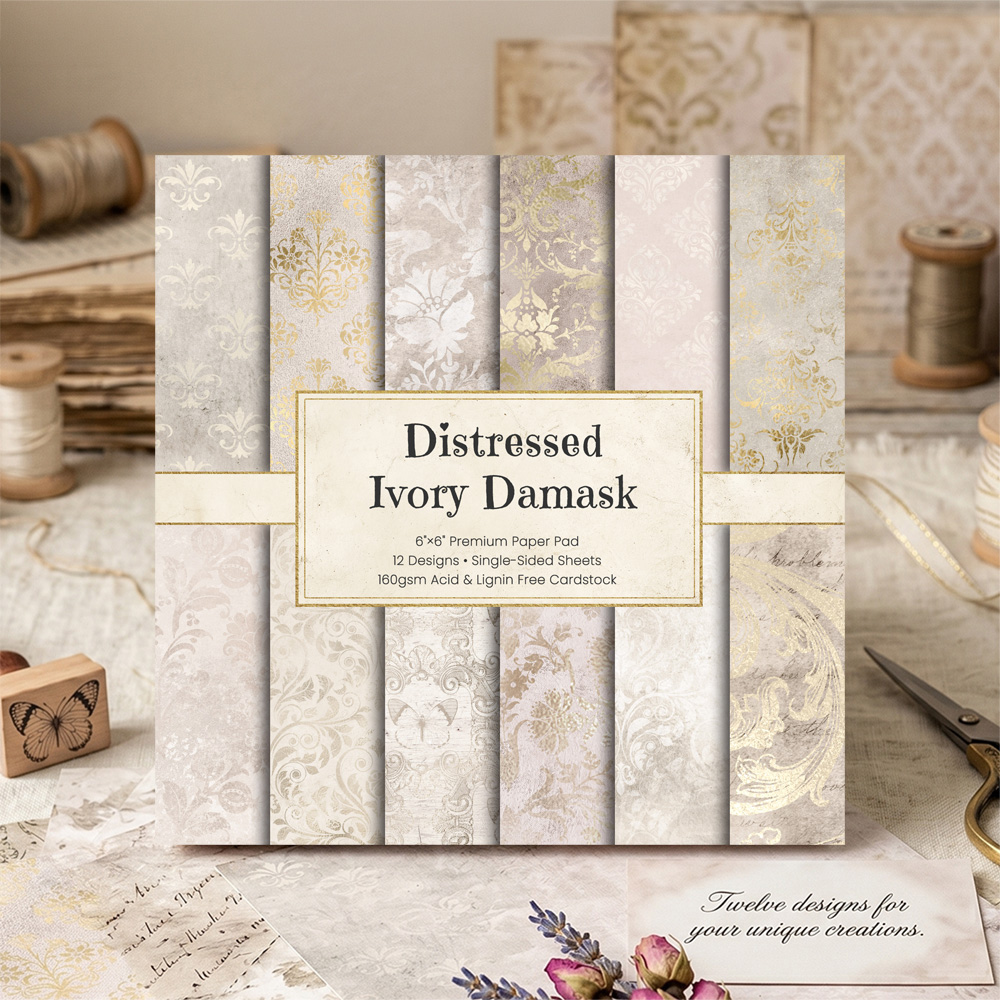 กระดาษสมุดภาพลายดามัสก์สีงาช้า - Vintage Junk Journal Scrapbooking Paper บทวิจารณ์และราคา